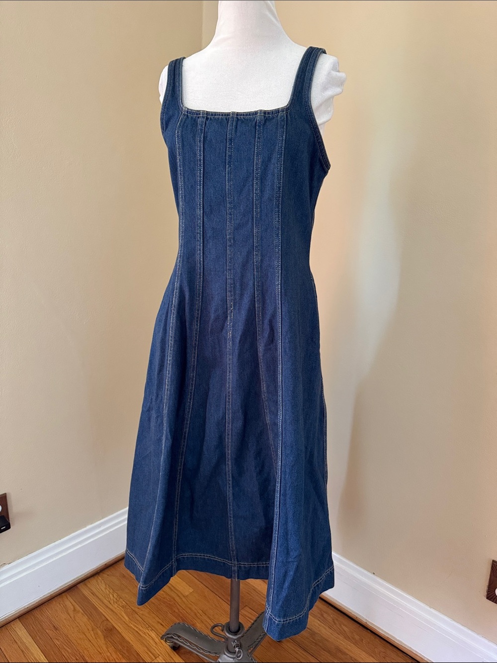 Dark Blue Denim A-Line Sundress - Women's Sleeveless Dress 8 - Picture 2 of 7
